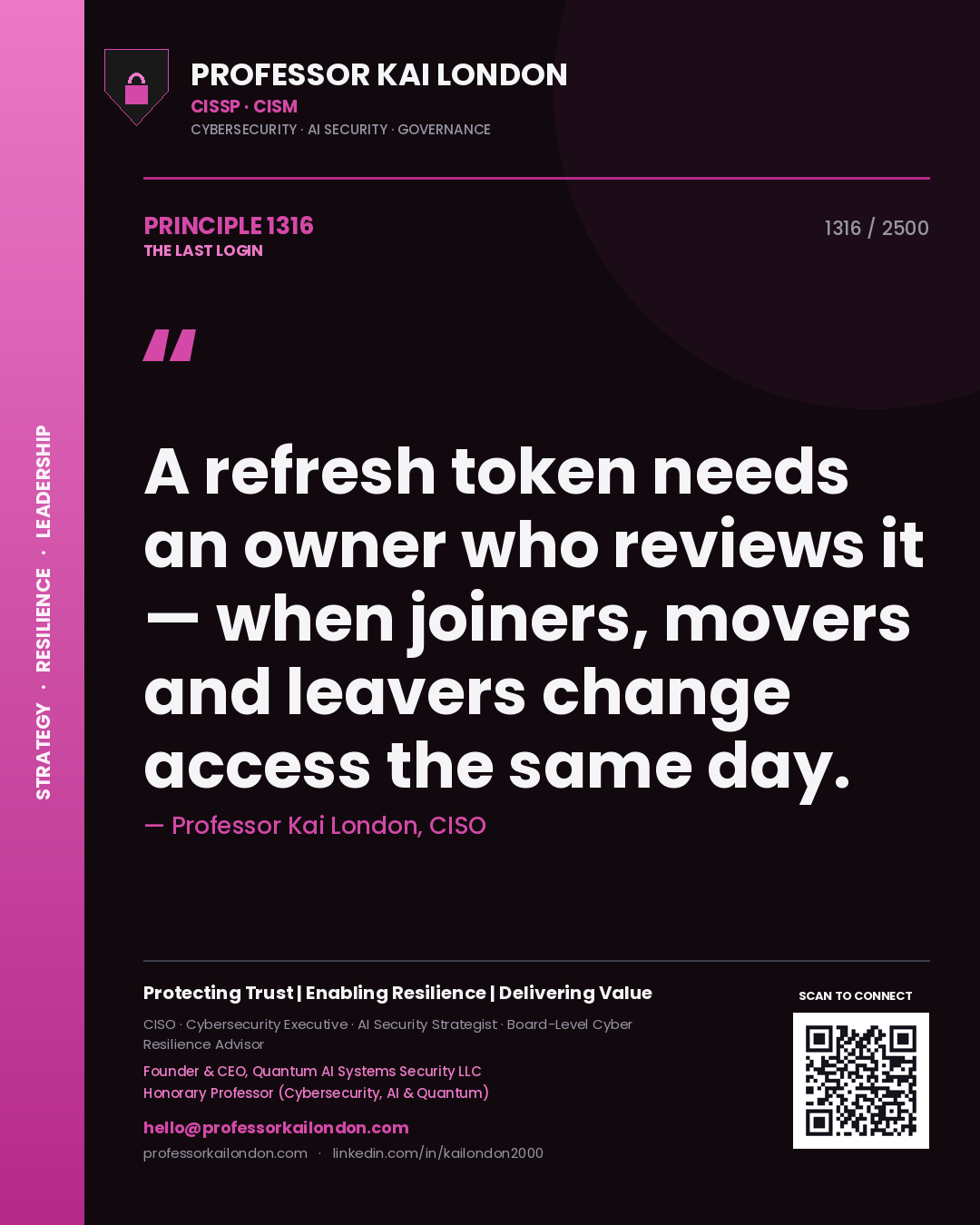 Professor Kai London principle 1316: A refresh token needs an owner who reviews it — when joiners, movers and leavers change access the same day.
