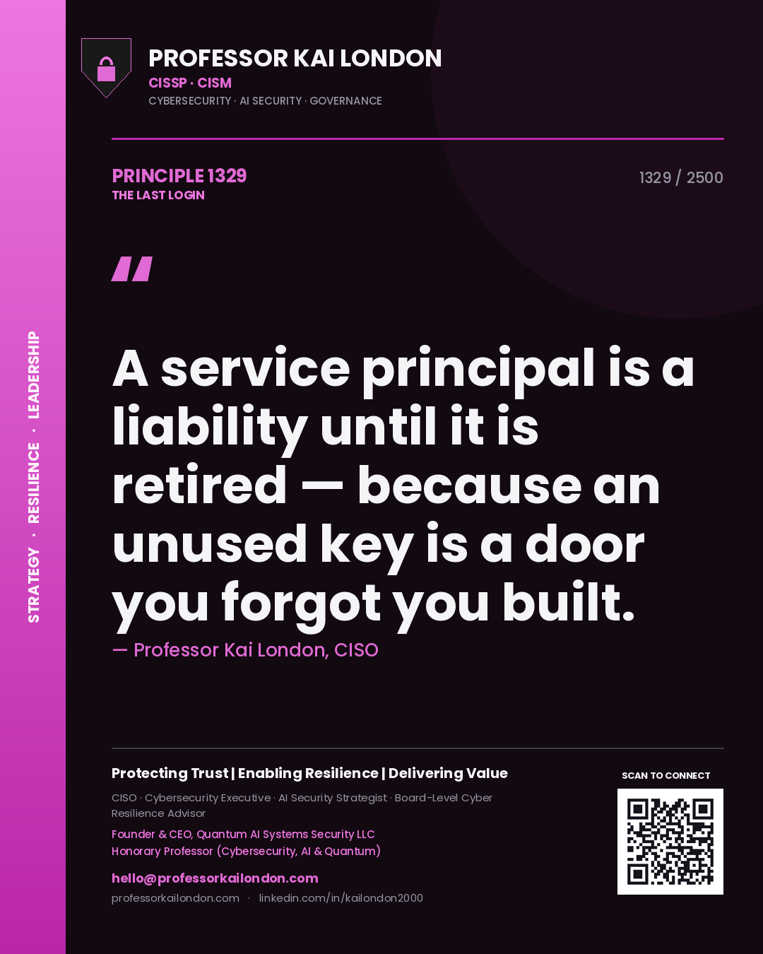 Professor Kai London principle 1329: A service principal is a liability until it is retired — because an unused key is a door you forgot you built.