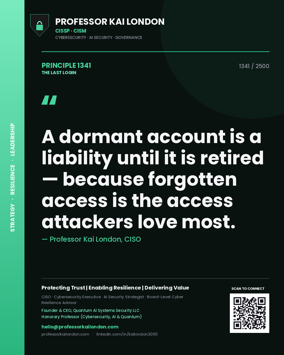 Quote card by Professor Kai London reading 'A dormant account is a liability until it is retired — because forgotten access is the access attackers love most.'. From the book The Last Login.