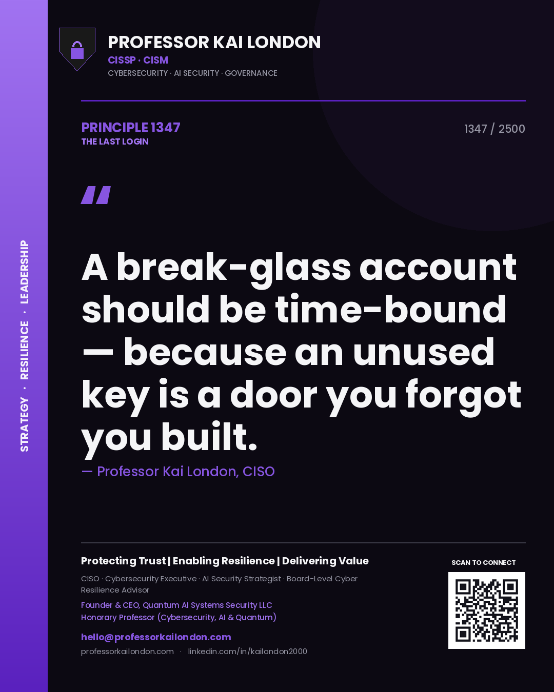 Quote card by Professor Kai London reading 'A break-glass account should be time-bound — because an unused key is a door you forgot you built.'. From the book The Last Login.