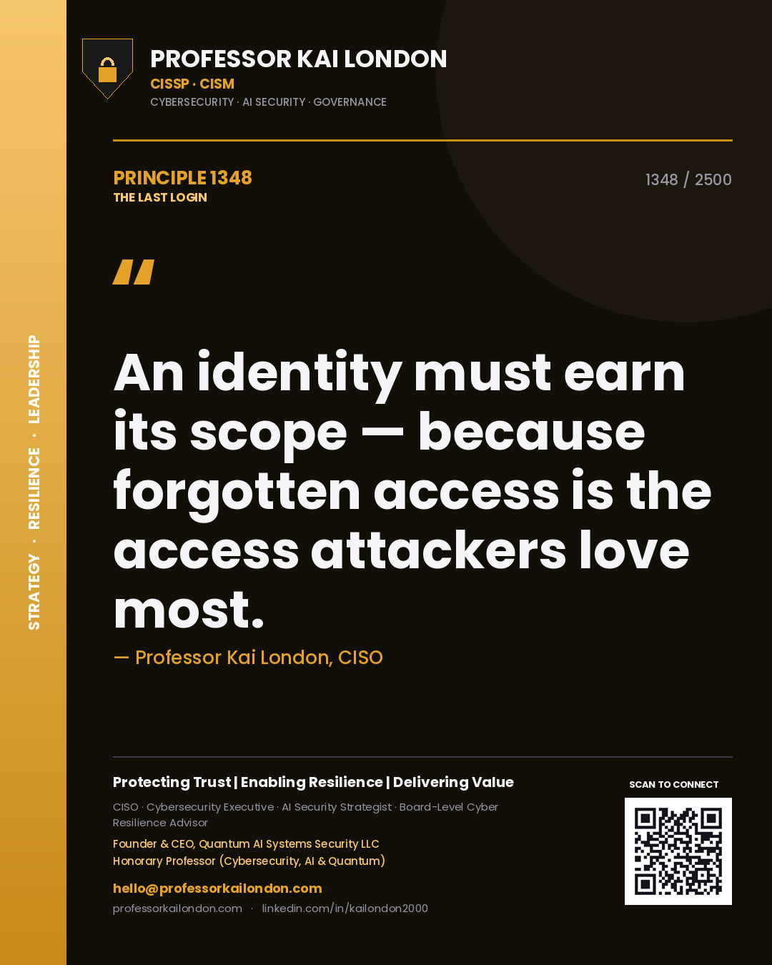 Professor Kai London principle 1348: An identity must earn its scope — because forgotten access is the access attackers love most.