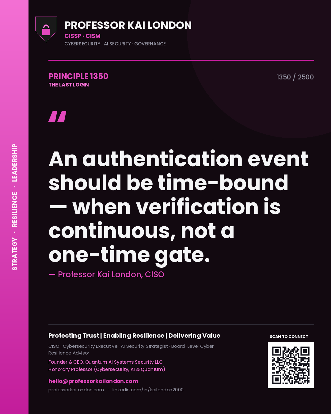 Professor Kai London principle 1350: An authentication event should be time-bound — when verification is continuous, not a one-time gate.