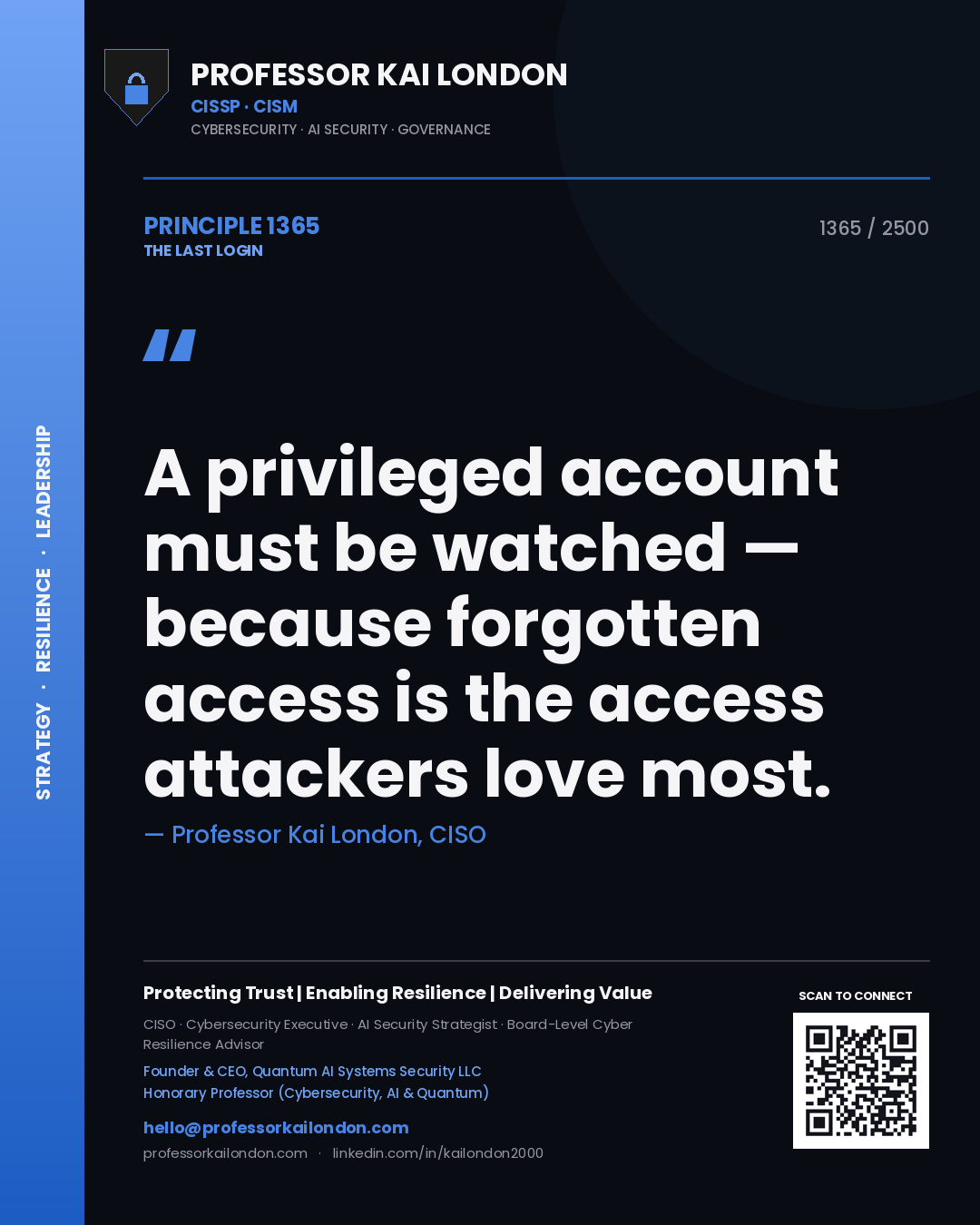 Quote card by Professor Kai London reading 'A privileged account must be watched — because forgotten access is the access attackers love most.'. From the book The Last Login.