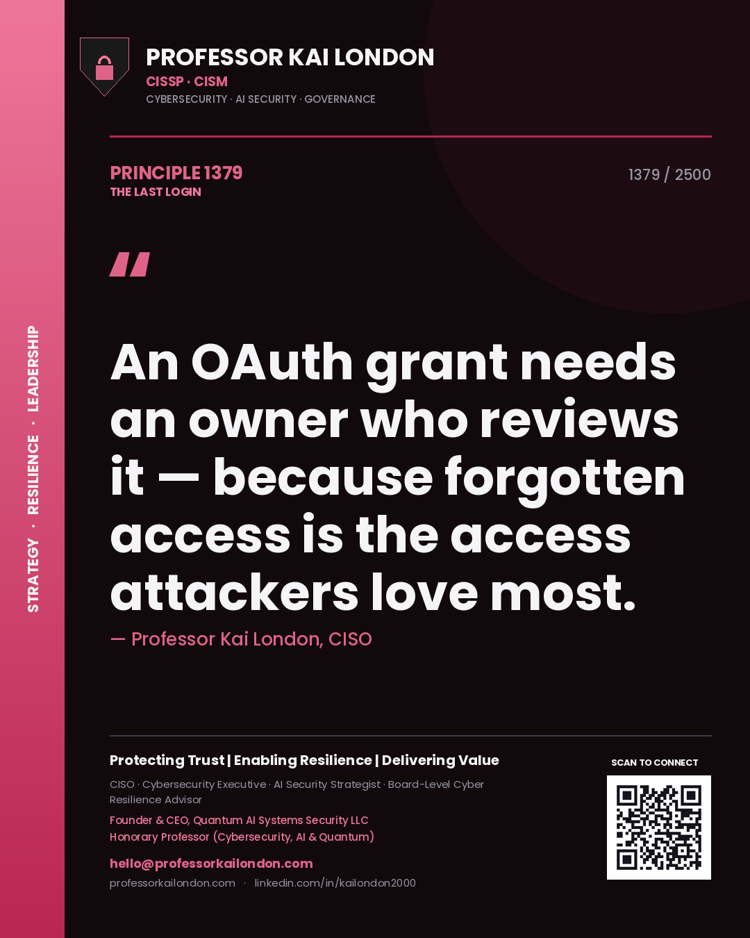 Quote card by Professor Kai London reading 'An OAuth grant needs an owner who reviews it — because forgotten access is the access attackers love most.'. From the book The Last Login.