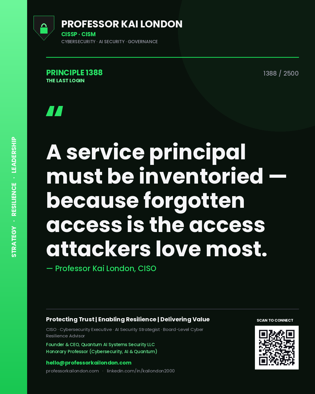 Quote card by Professor Kai London reading 'A service principal must be inventoried — because forgotten access is the access attackers love most.'. From the book The Last Login.