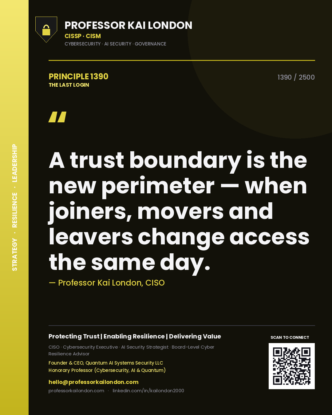 Quote card by Professor Kai London reading 'A trust boundary is the new perimeter — when joiners, movers and leavers change access the same day.'. From the book The Last Login.