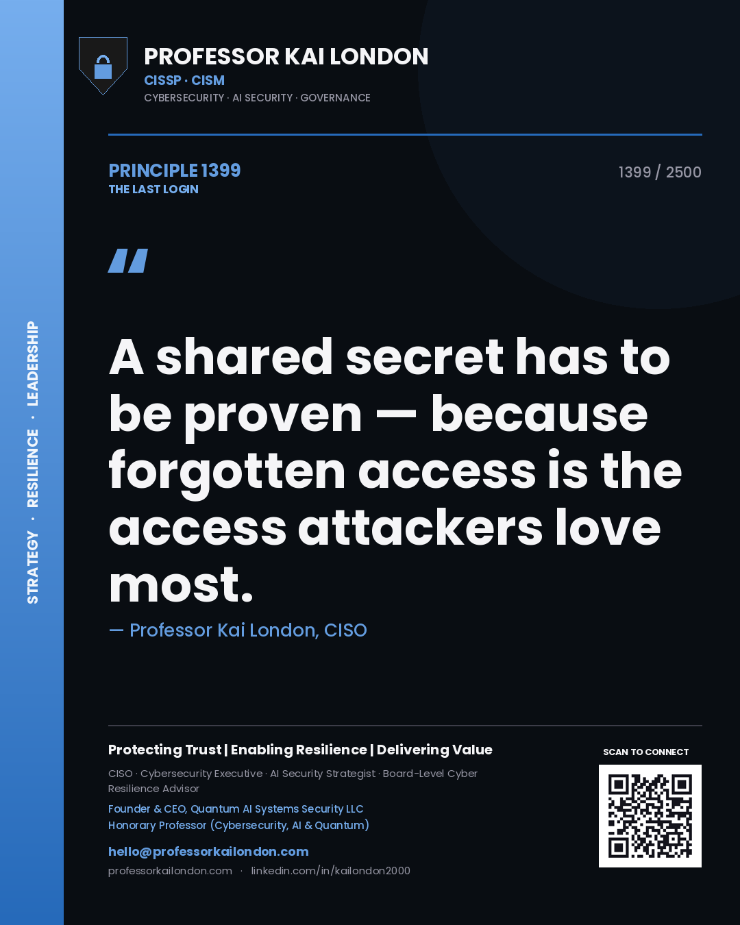Professor Kai London principle 1399: A shared secret has to be proven — because forgotten access is the access attackers love most.