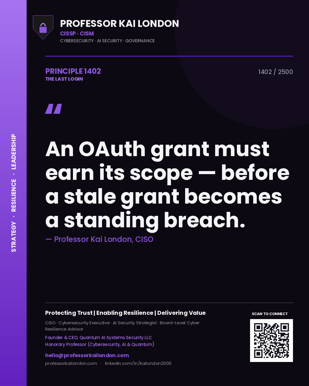 Quote card by Professor Kai London reading 'An OAuth grant must earn its scope — before a stale grant becomes a standing breach.'. From the book The Last Login.