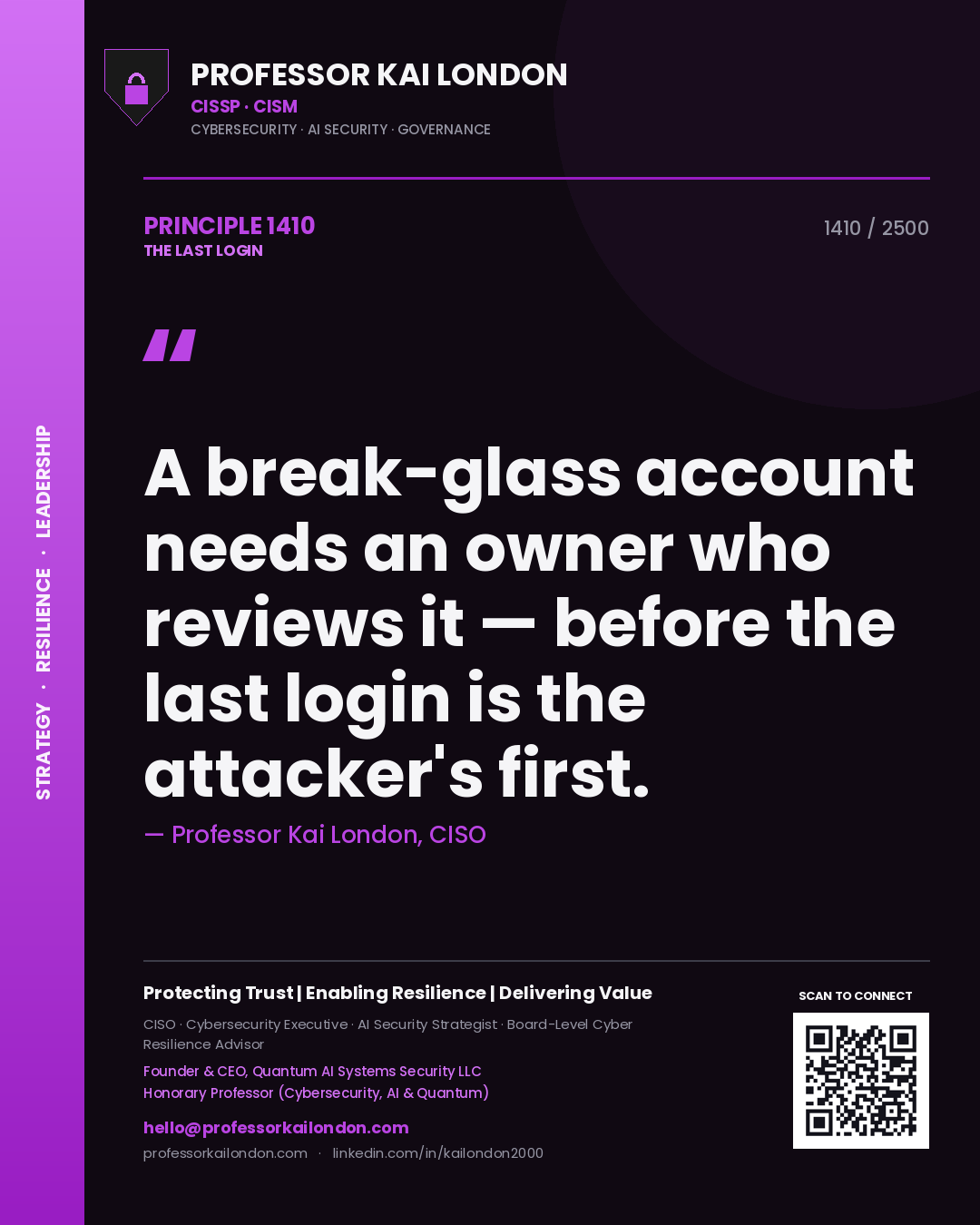 Professor Kai London principle 1410: A break-glass account needs an owner who reviews it — before the last login is the attacker's first.