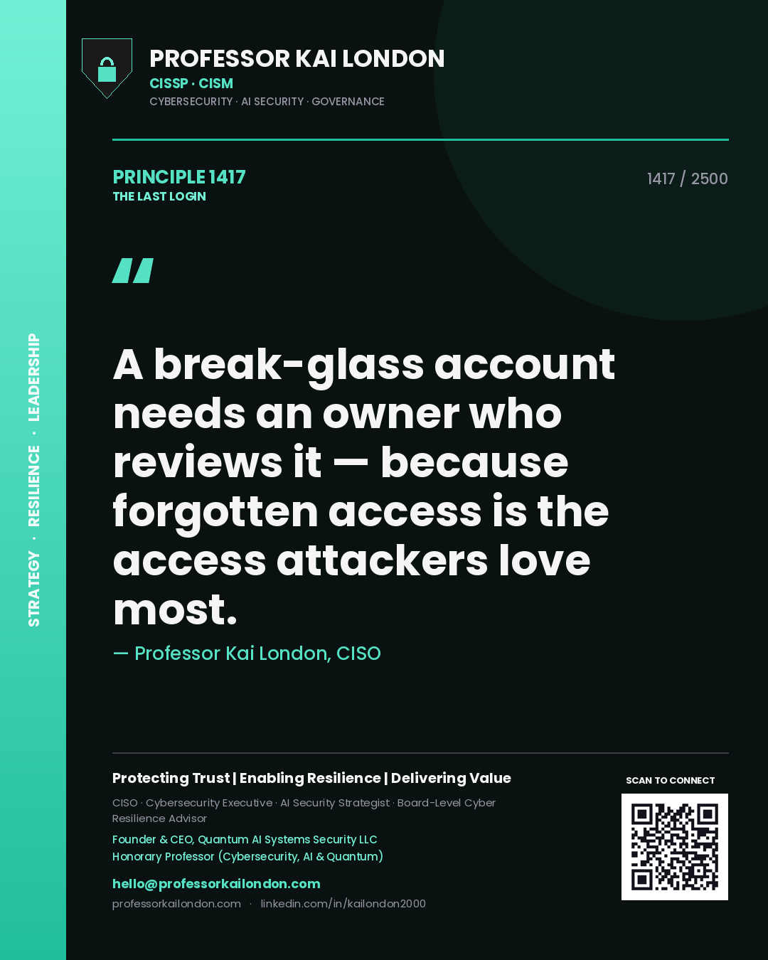 Professor Kai London principle 1417: A break-glass account needs an owner who reviews it — because forgotten access is the access attackers love most.
