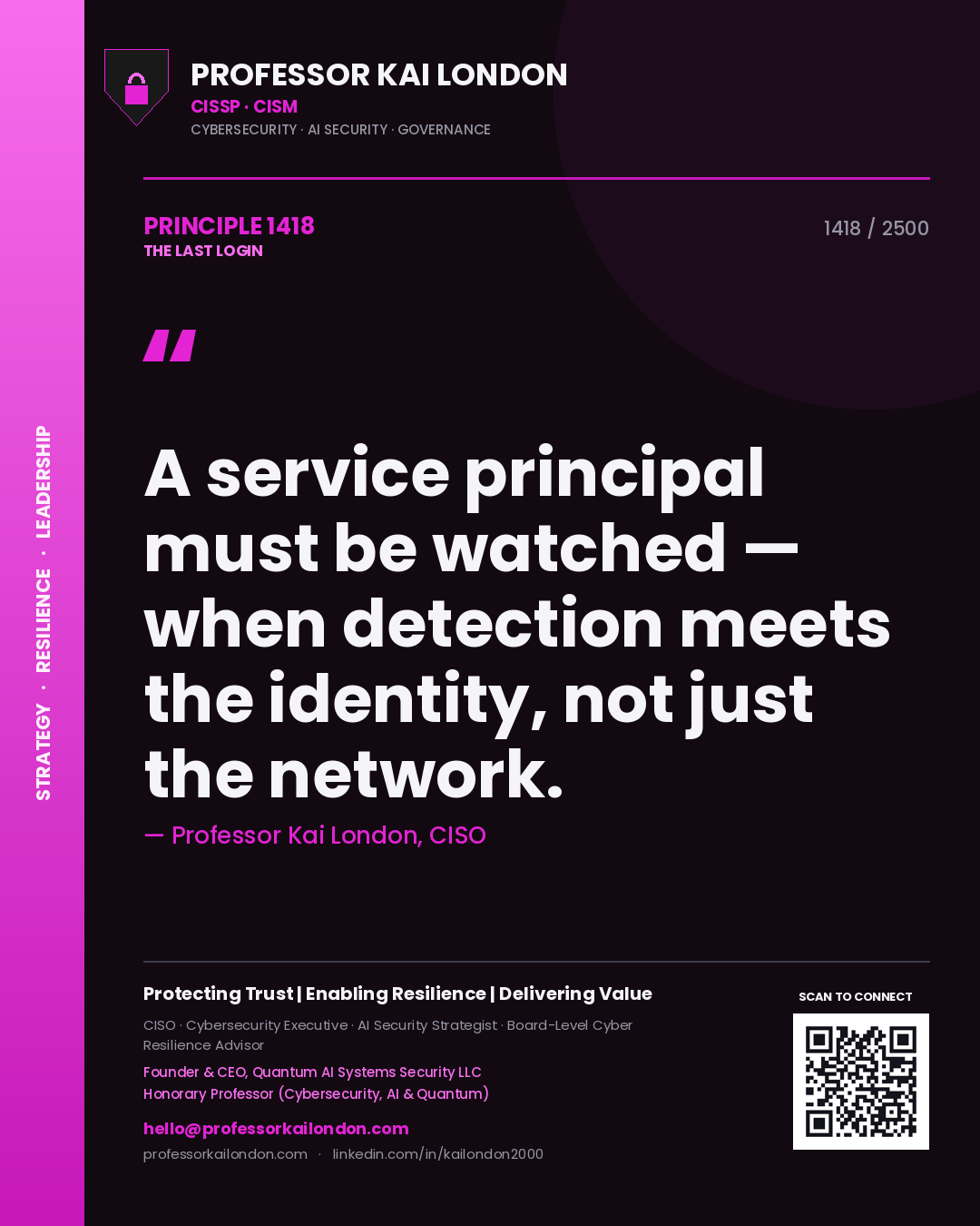 Quote card by Professor Kai London reading 'A service principal must be watched — when detection meets the identity, not just the network.'. From the book The Last Login.