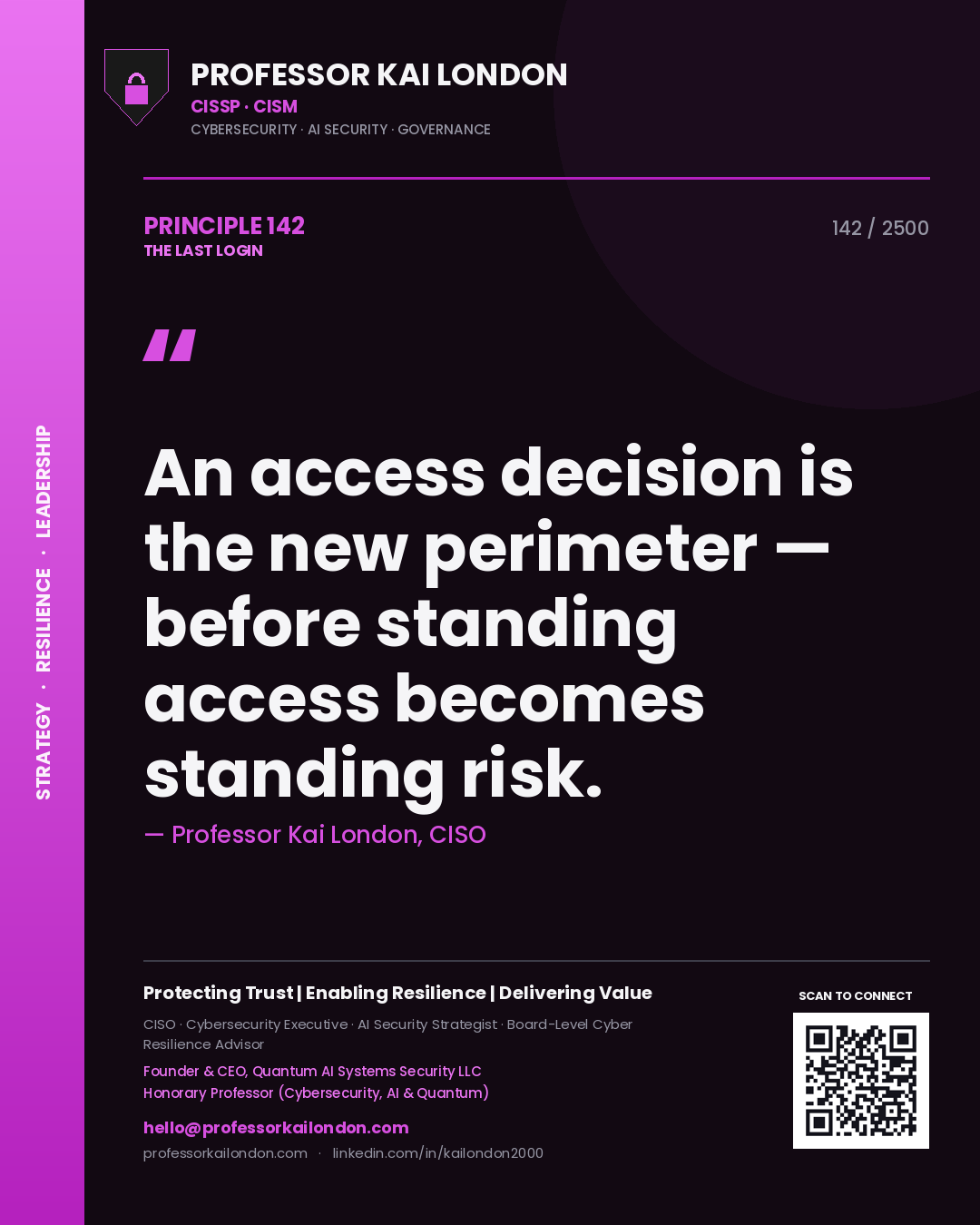 Quote card by Professor Kai London reading 'An access decision is the new perimeter — before standing access becomes standing risk.'. From the book The Last Login.