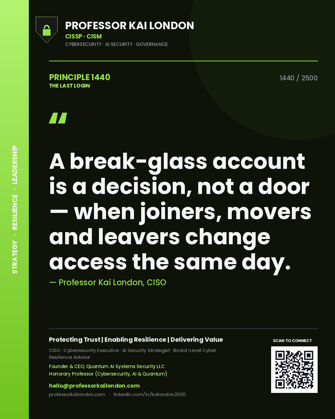 Quote card by Professor Kai London reading 'A break-glass account is a decision, not a door — when joiners, movers and leavers change access the same day.'. From the book The Last Login.