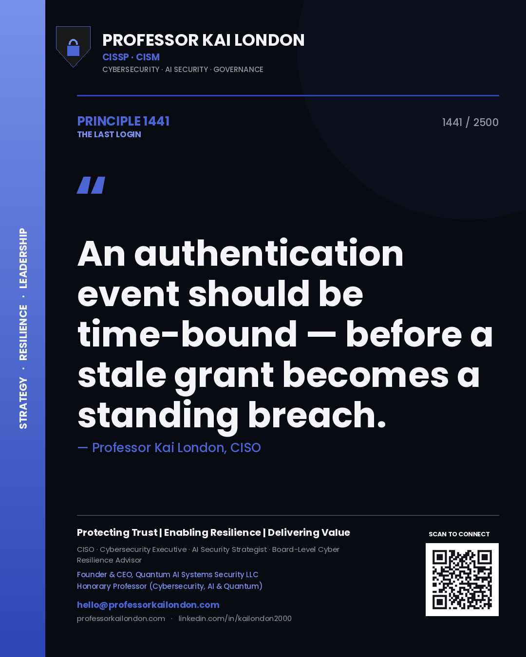 Professor Kai London principle 1441: An authentication event should be time-bound — before a stale grant becomes a standing breach.