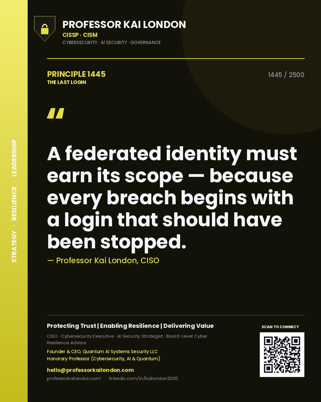 Quote card by Professor Kai London reading 'A federated identity must earn its scope — because every breach begins with a login that should have been stopped.'. From the book The Last Login.