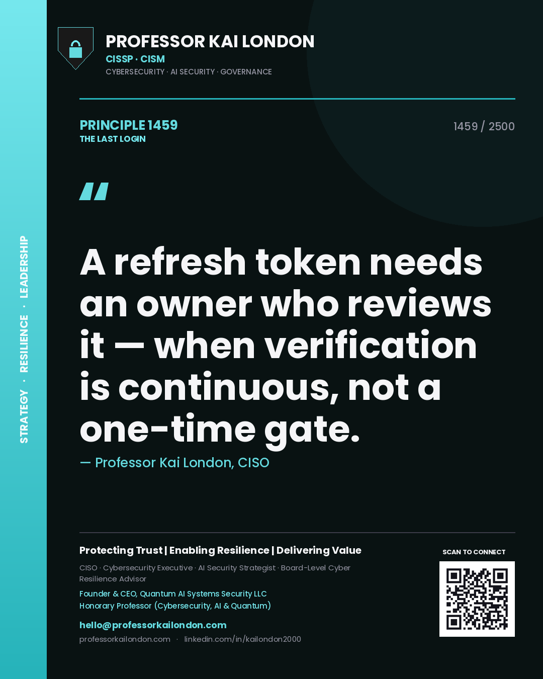 Quote card by Professor Kai London reading 'A refresh token needs an owner who reviews it — when verification is continuous, not a one-time gate.'. From the book The Last Login.
