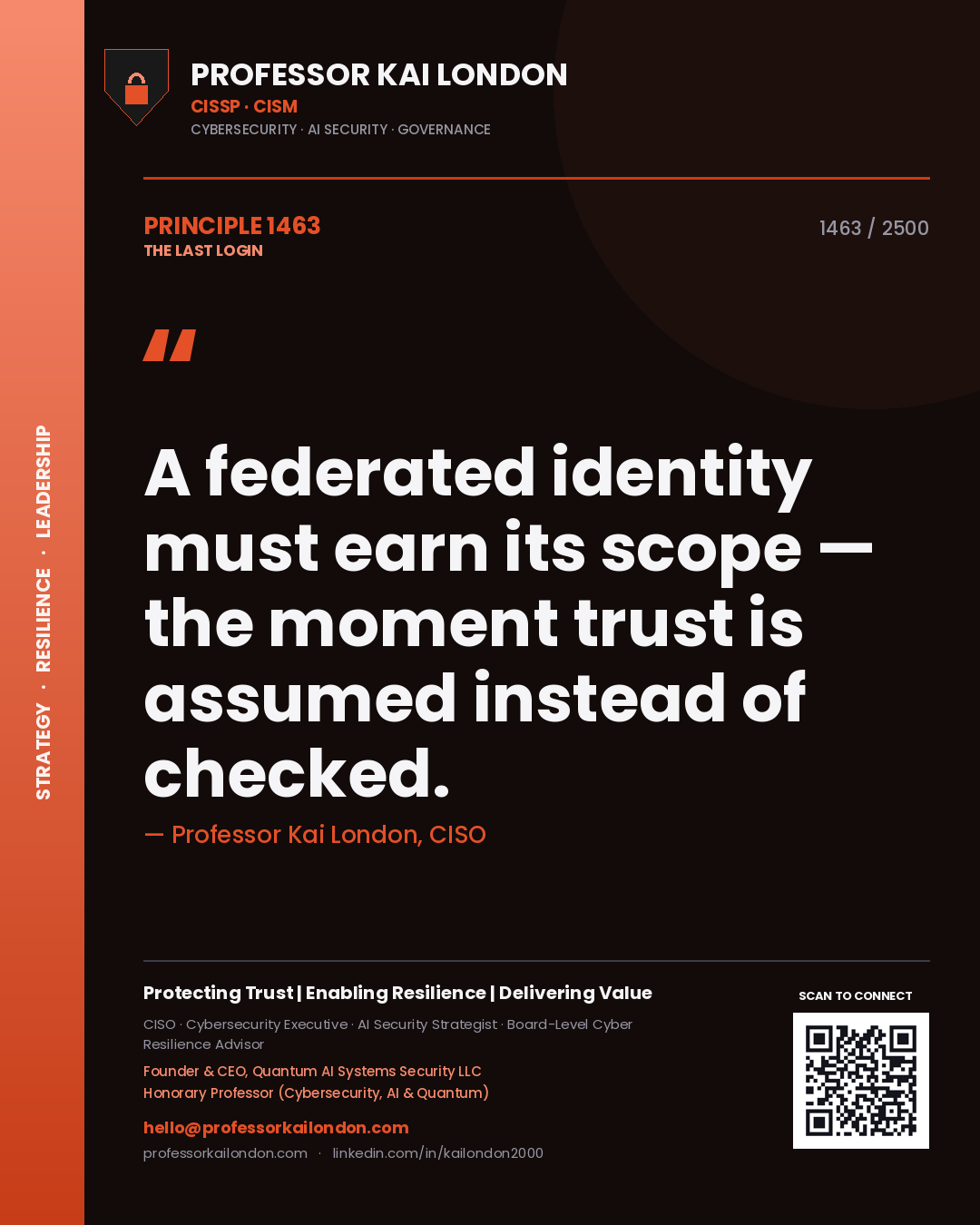 Professor Kai London principle 1463: A federated identity must earn its scope — the moment trust is assumed instead of checked.