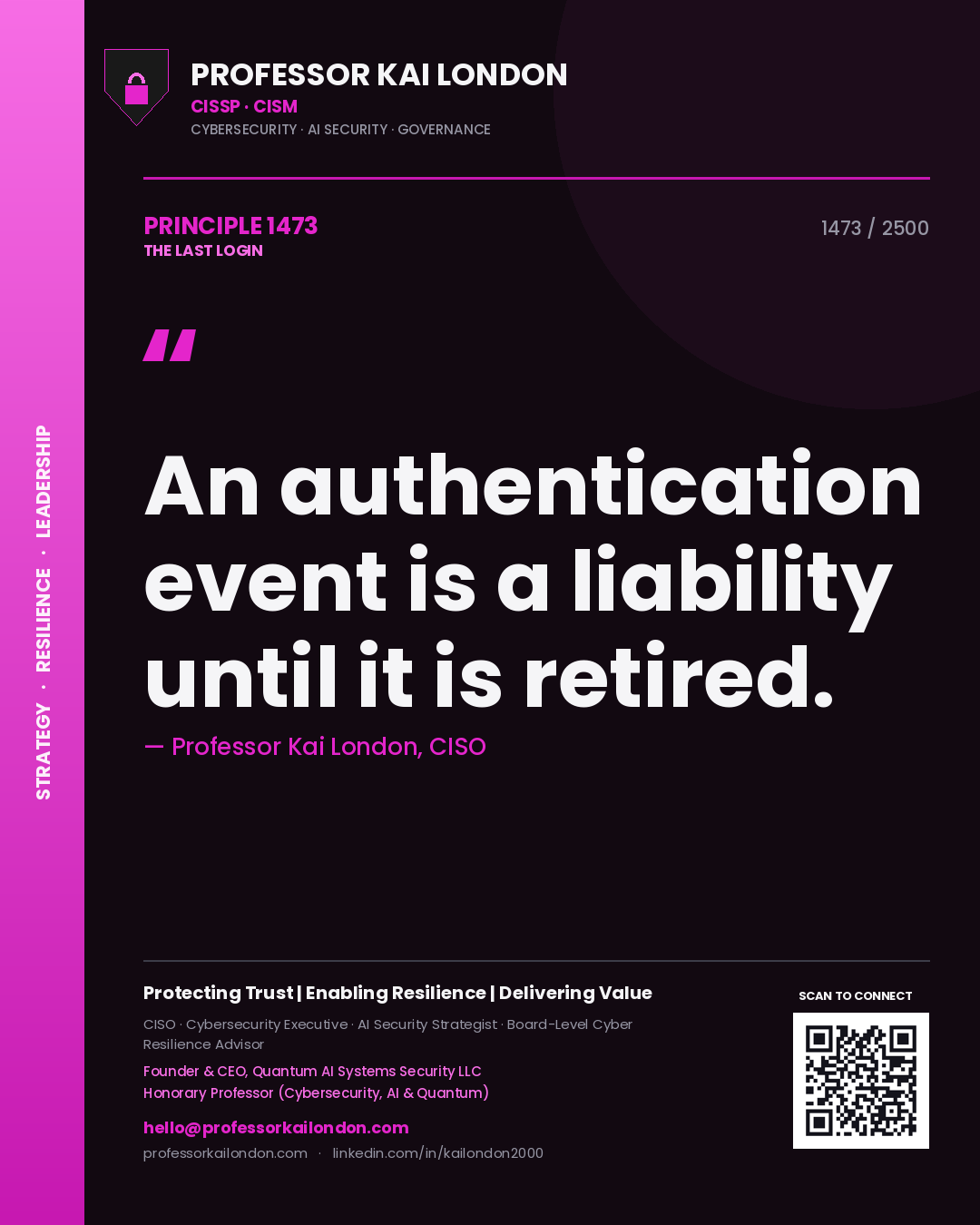 Quote card by Professor Kai London reading 'An authentication event is a liability until it is retired.'. From the book The Last Login.