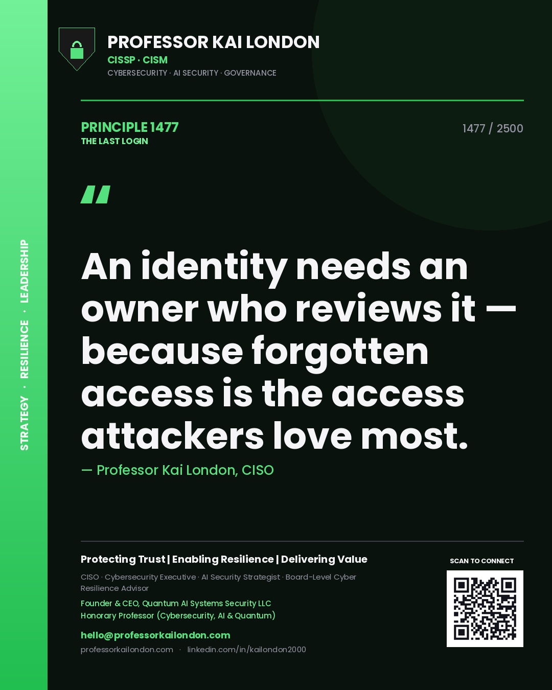 Professor Kai London principle 1477: An identity needs an owner who reviews it — because forgotten access is the access attackers love most.