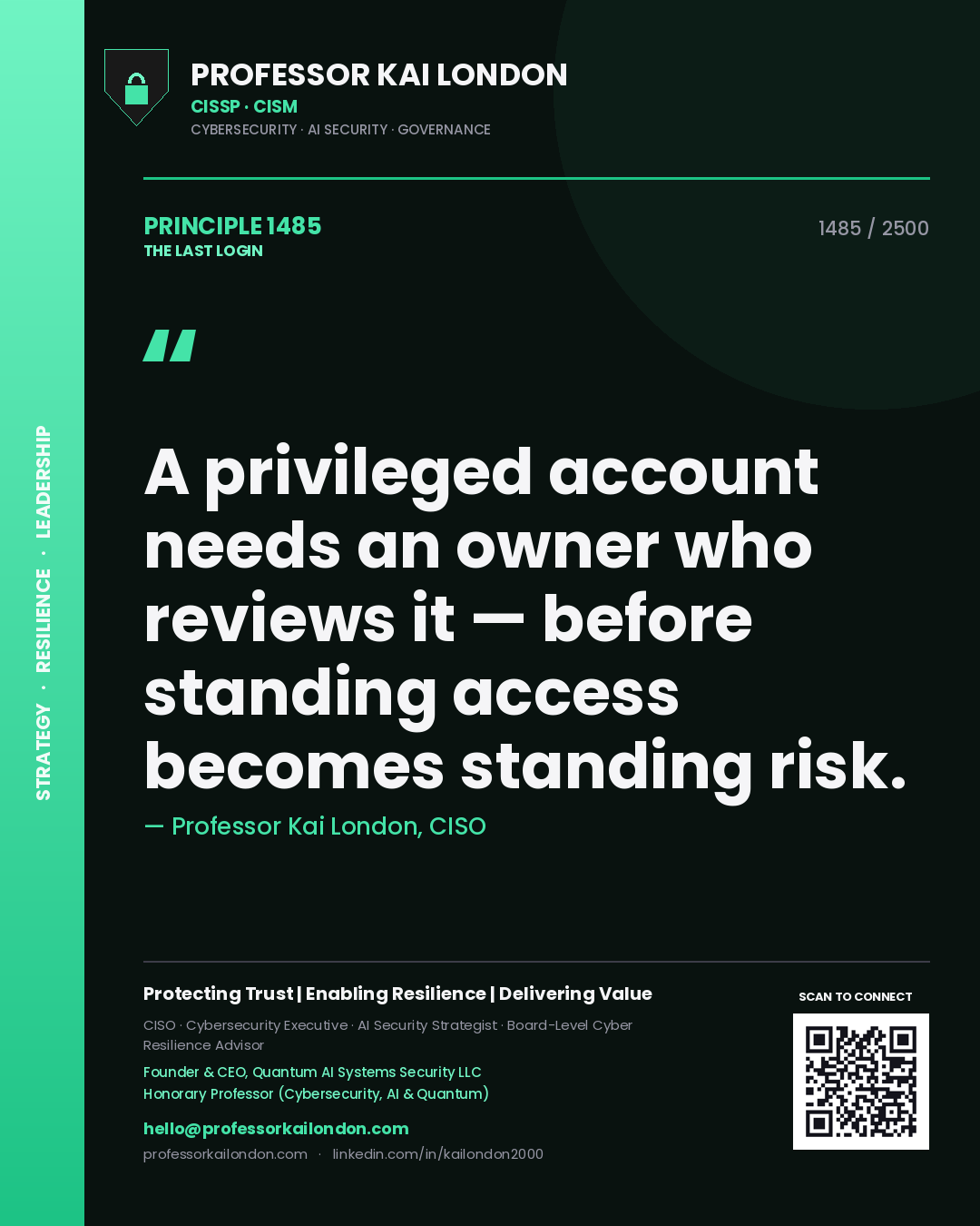 Quote card by Professor Kai London reading 'A privileged account needs an owner who reviews it — before standing access becomes standing risk.'. From the book The Last Login.