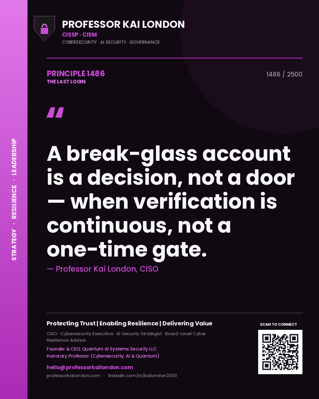 Professor Kai London principle 1486: A break-glass account is a decision, not a door — when verification is continuous, not a one-time gate.