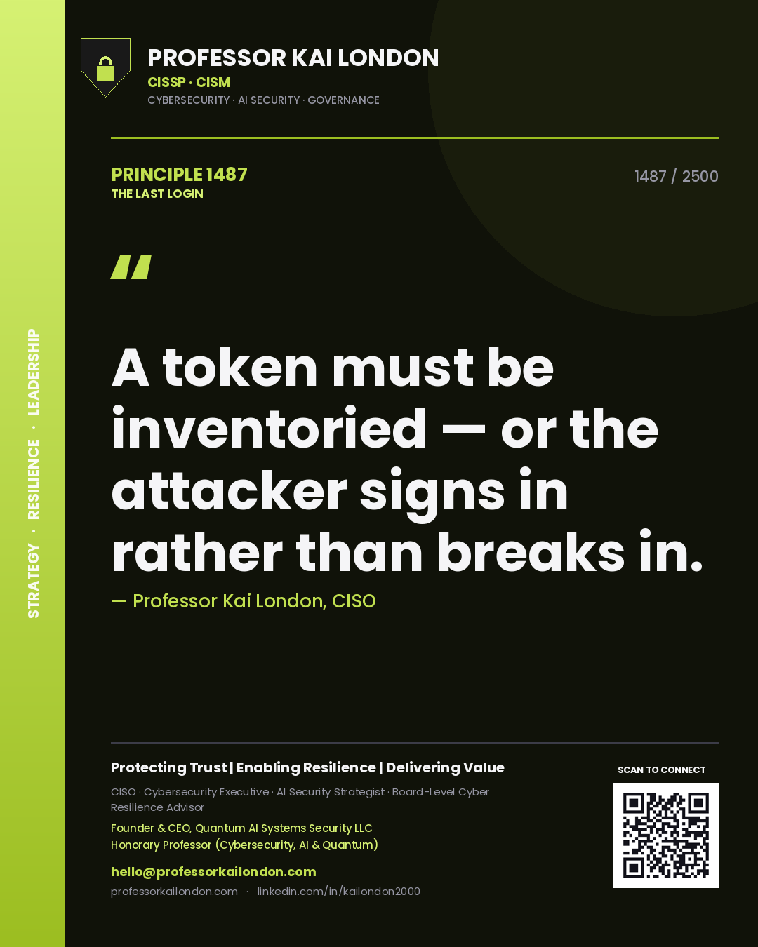 Quote card by Professor Kai London reading 'A token must be inventoried — or the attacker signs in rather than breaks in.'. From the book The Last Login.
