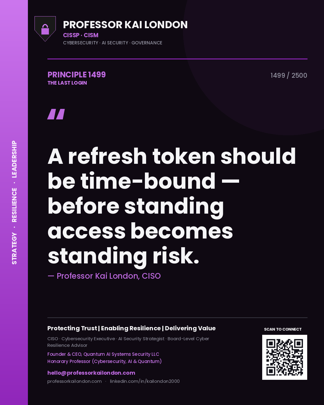 Quote card by Professor Kai London reading 'A refresh token should be time-bound — before standing access becomes standing risk.'. From the book The Last Login.