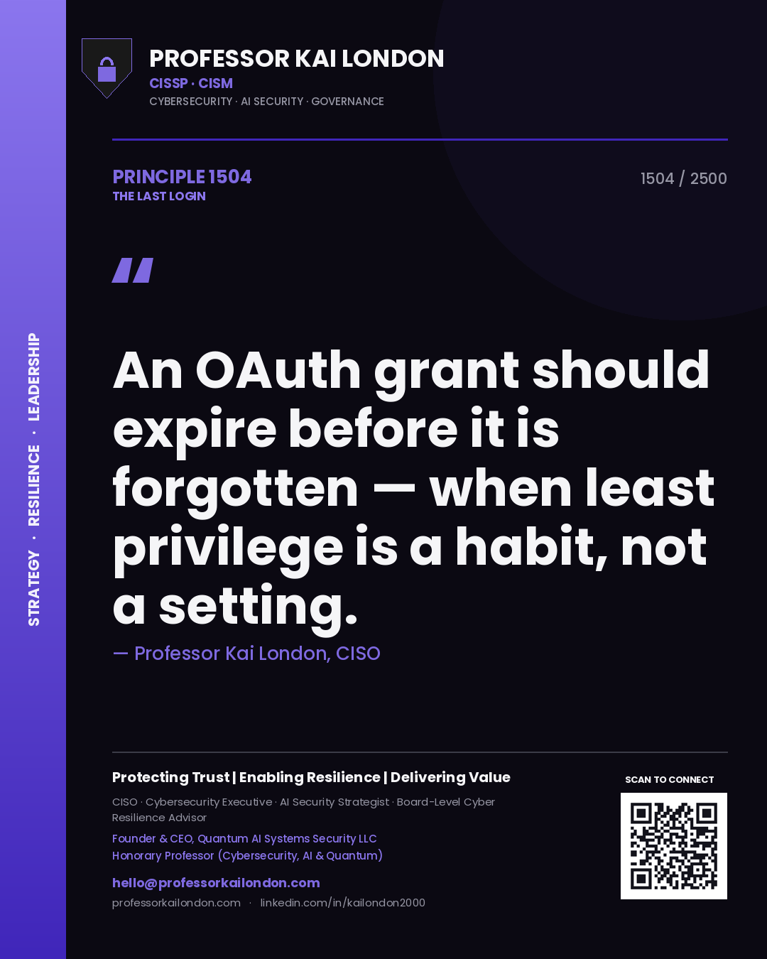 Quote card by Professor Kai London reading 'An OAuth grant should expire before it is forgotten — when least privilege is a habit, not a setting.'. From the book The Last Login.