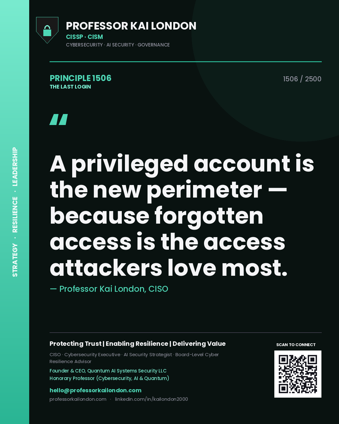 Professor Kai London principle 1506: A privileged account is the new perimeter — because forgotten access is the access attackers love most.