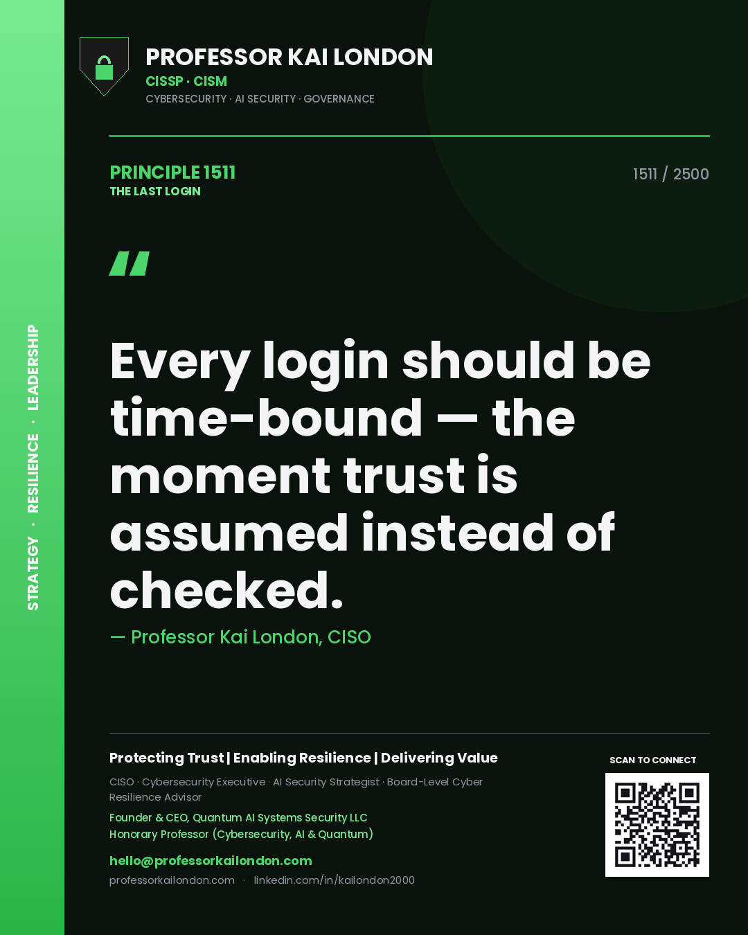 Quote card by Professor Kai London reading 'Every login should be time-bound — the moment trust is assumed instead of checked.'. From the book The Last Login.