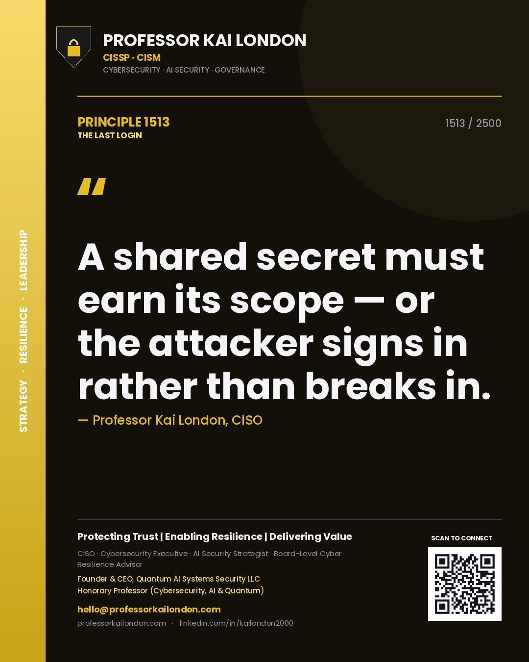 Professor Kai London principle 1513: A shared secret must earn its scope — or the attacker signs in rather than breaks in.