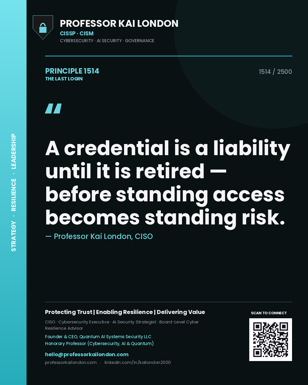 Quote card by Professor Kai London reading 'A credential is a liability until it is retired — before standing access becomes standing risk.'. From the book The Last Login.