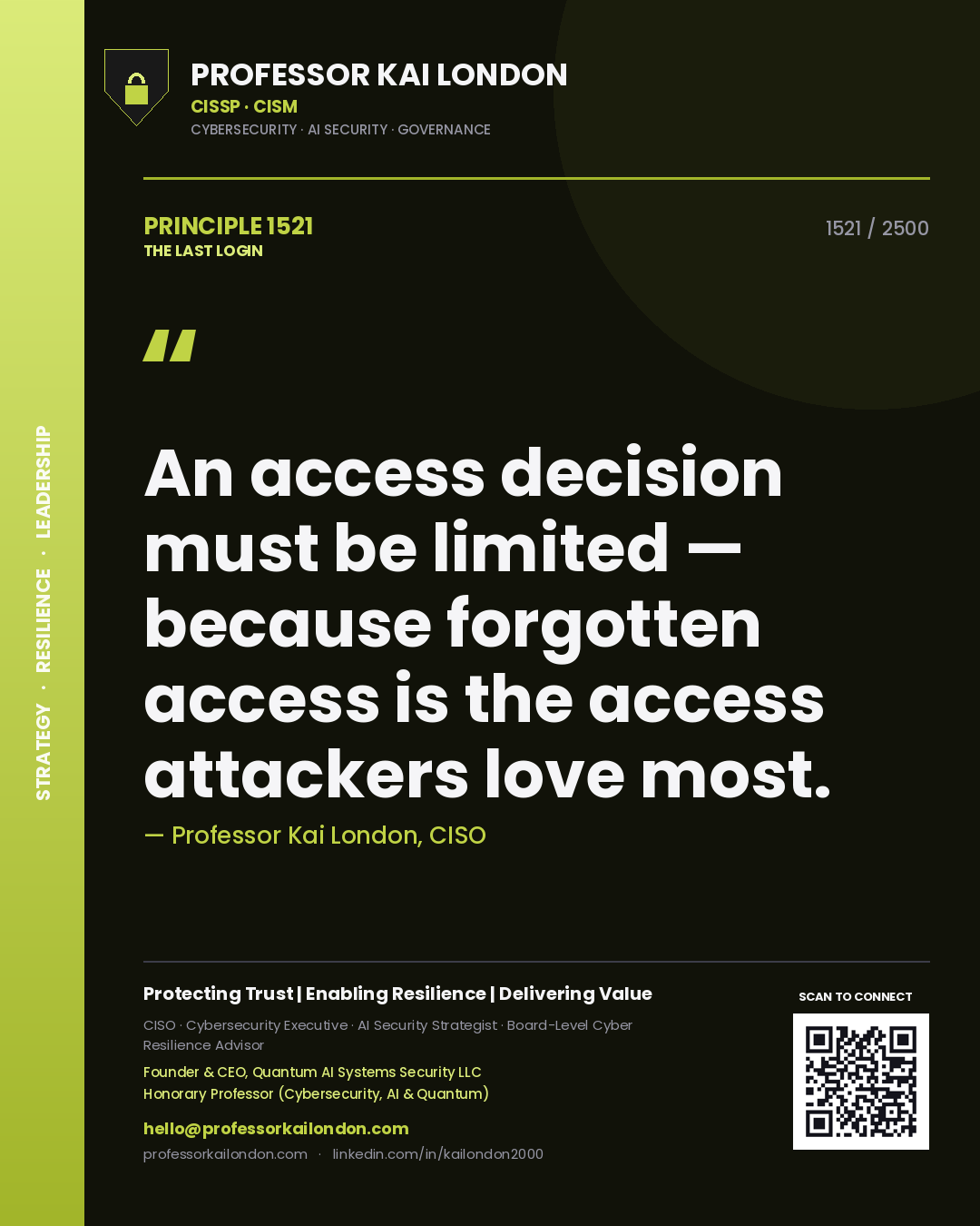 Professor Kai London principle 1521: An access decision must be limited — because forgotten access is the access attackers love most.