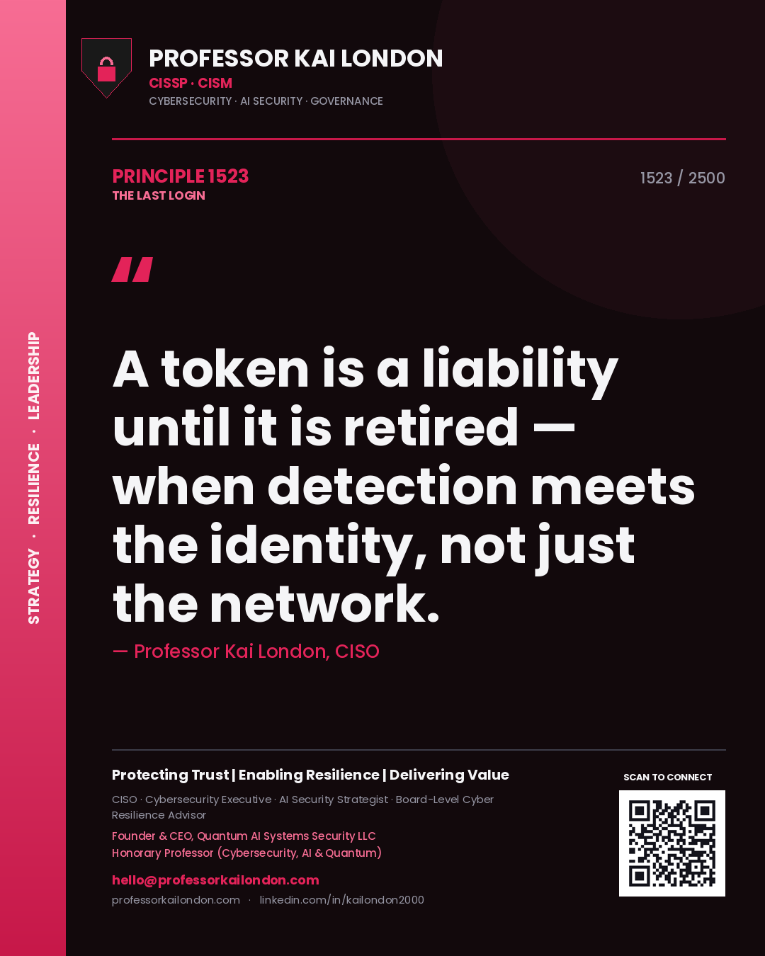 Professor Kai London principle 1523: A token is a liability until it is retired — when detection meets the identity, not just the network.