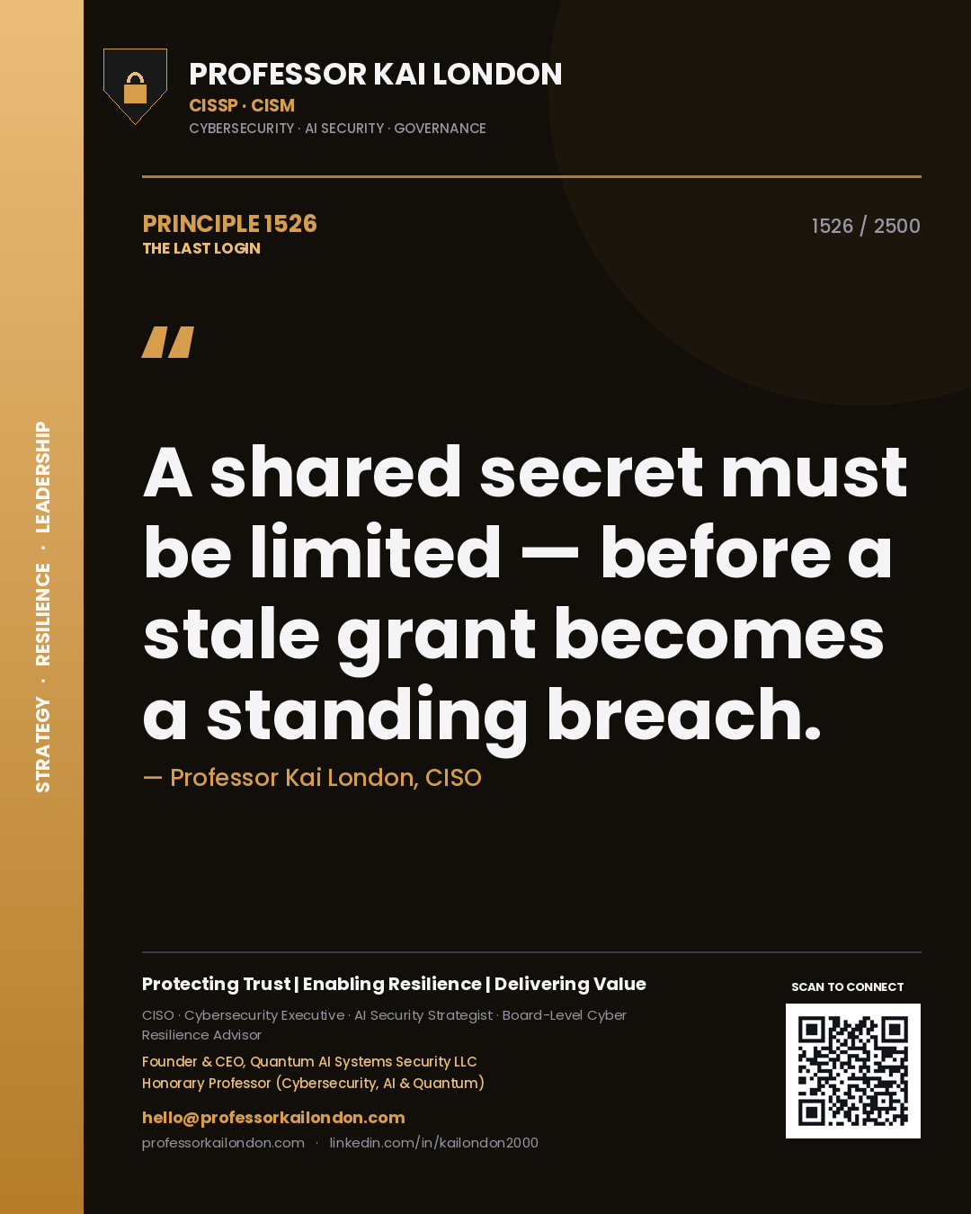 Professor Kai London principle 1526: A shared secret must be limited — before a stale grant becomes a standing breach.