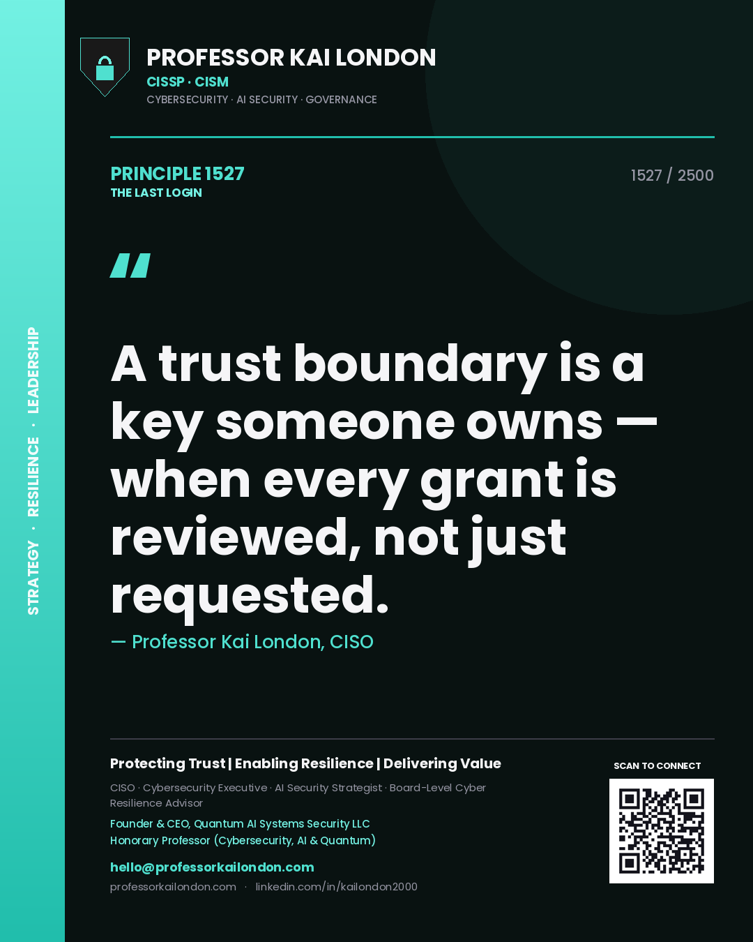 Quote card by Professor Kai London reading 'A trust boundary is a key someone owns — when every grant is reviewed, not just requested.'. From the book The Last Login.