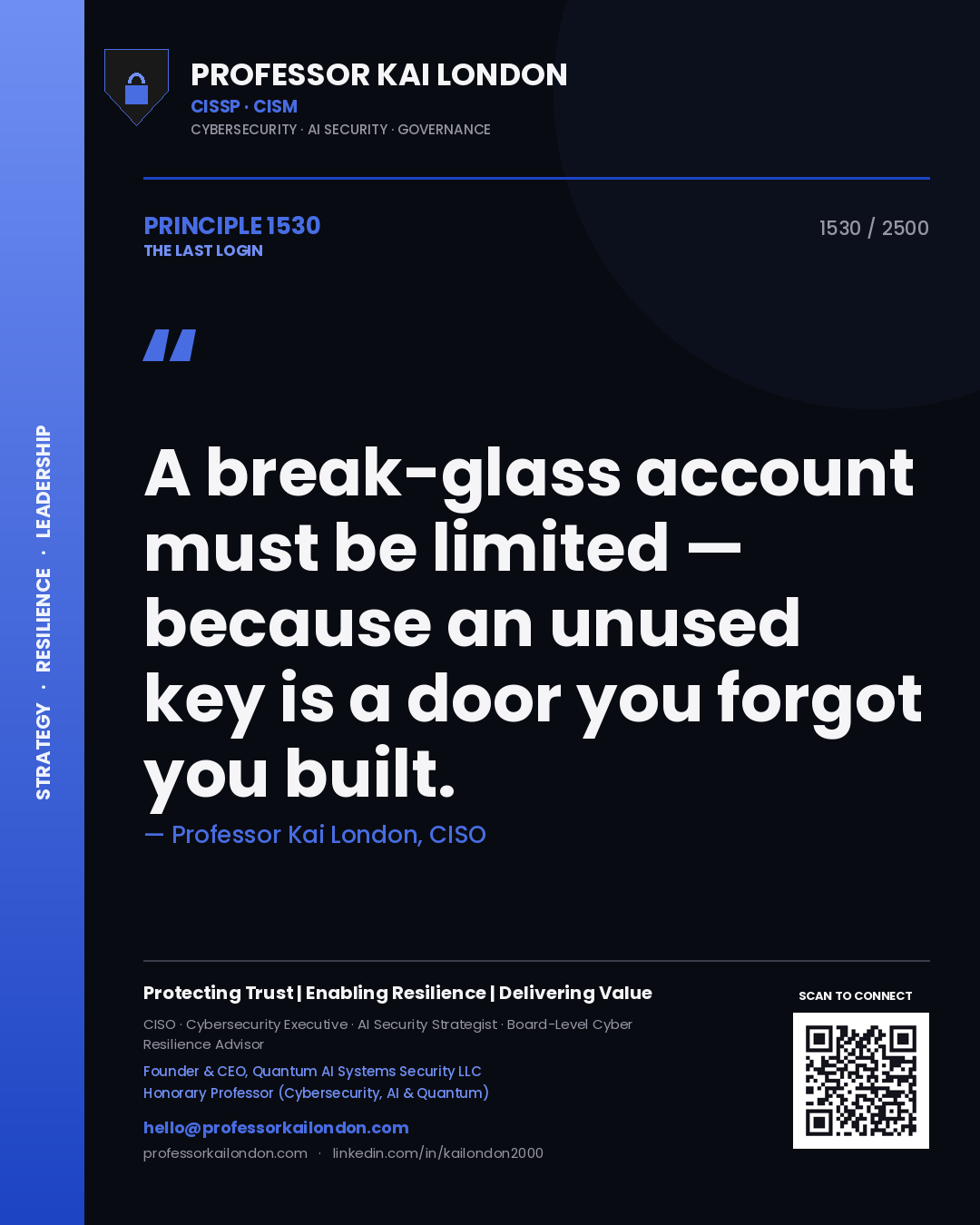 Quote card by Professor Kai London reading 'A break-glass account must be limited — because an unused key is a door you forgot you built.'. From the book The Last Login.