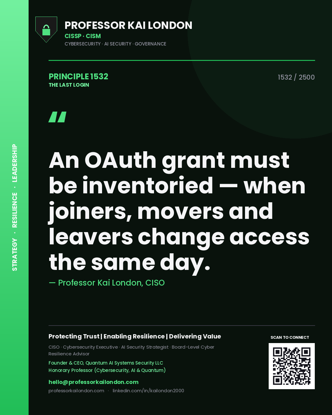 Professor Kai London principle 1532: An OAuth grant must be inventoried — when joiners, movers and leavers change access the same day.