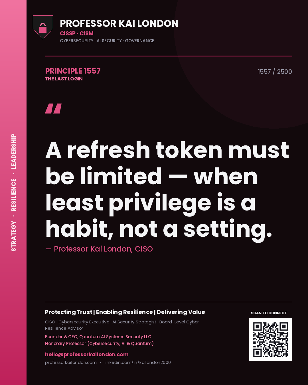 Quote card by Professor Kai London reading 'A refresh token must be limited — when least privilege is a habit, not a setting.'. From the book The Last Login.