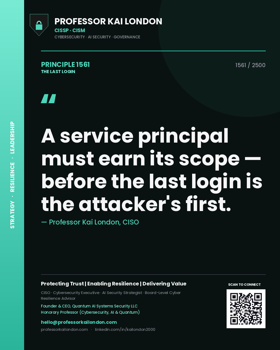 Professor Kai London principle 1561: A service principal must earn its scope — before the last login is the attacker's first.