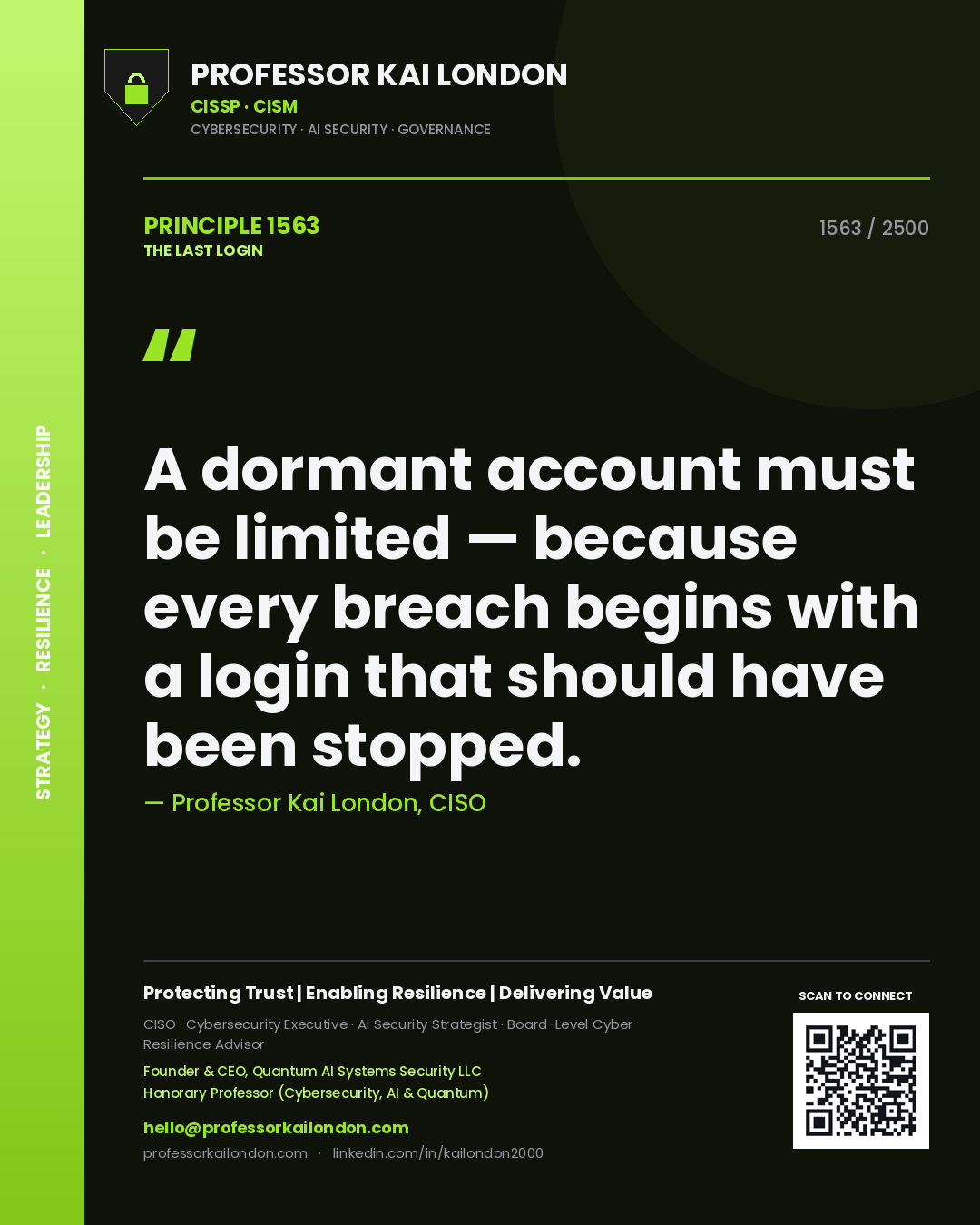 Quote card by Professor Kai London reading 'A dormant account must be limited — because every breach begins with a login that should have been stopped.'. From the book The Last Login.