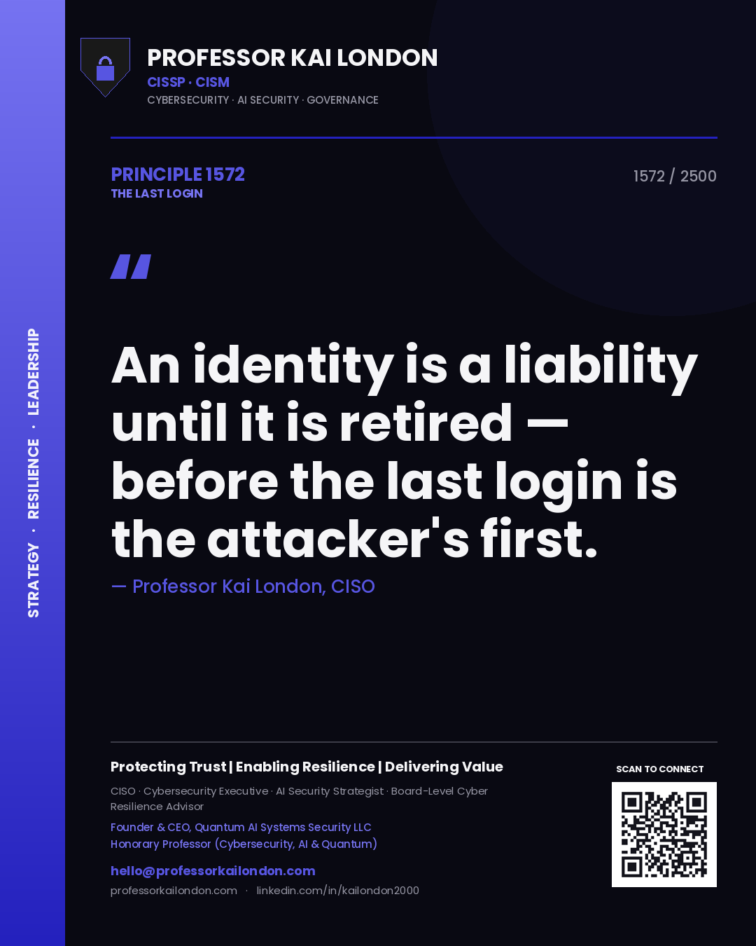 Quote card by Professor Kai London reading 'An identity is a liability until it is retired — before the last login is the attacker's first.'. From the book The Last Login.