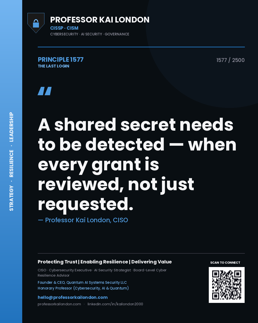Professor Kai London principle 1577: A shared secret needs to be detected — when every grant is reviewed, not just requested.
