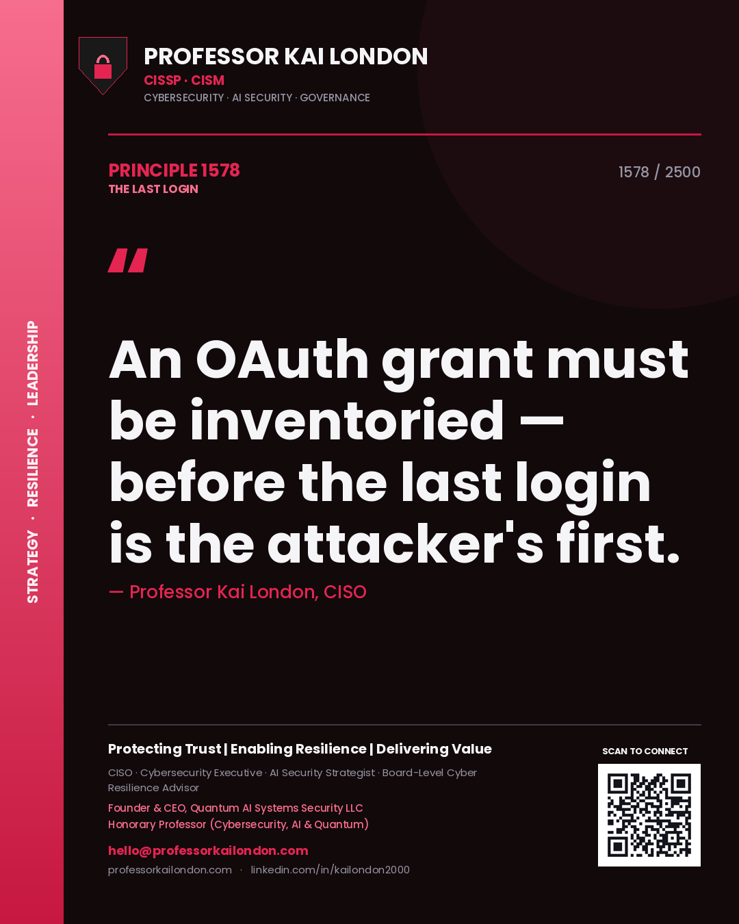 Professor Kai London principle 1578: An OAuth grant must be inventoried — before the last login is the attacker's first.