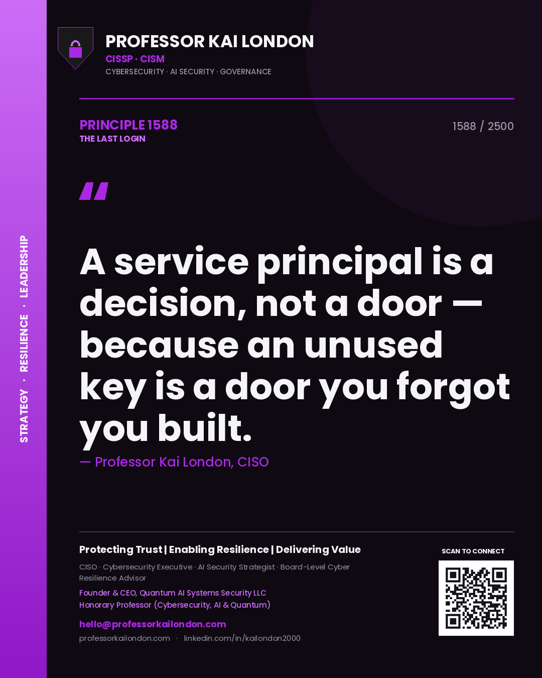 Quote card by Professor Kai London reading 'A service principal is a decision, not a door — because an unused key is a door you forgot you built.'. From the book The Last Login.