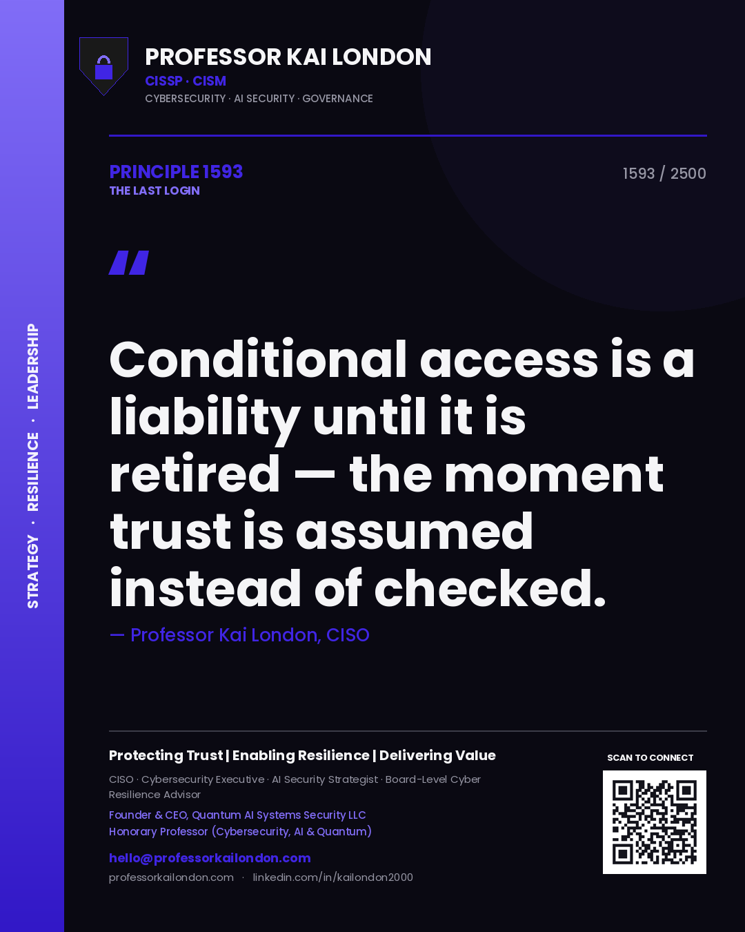 Quote card by Professor Kai London reading 'Conditional access is a liability until it is retired — the moment trust is assumed instead of checked.'. From the book The Last Login.