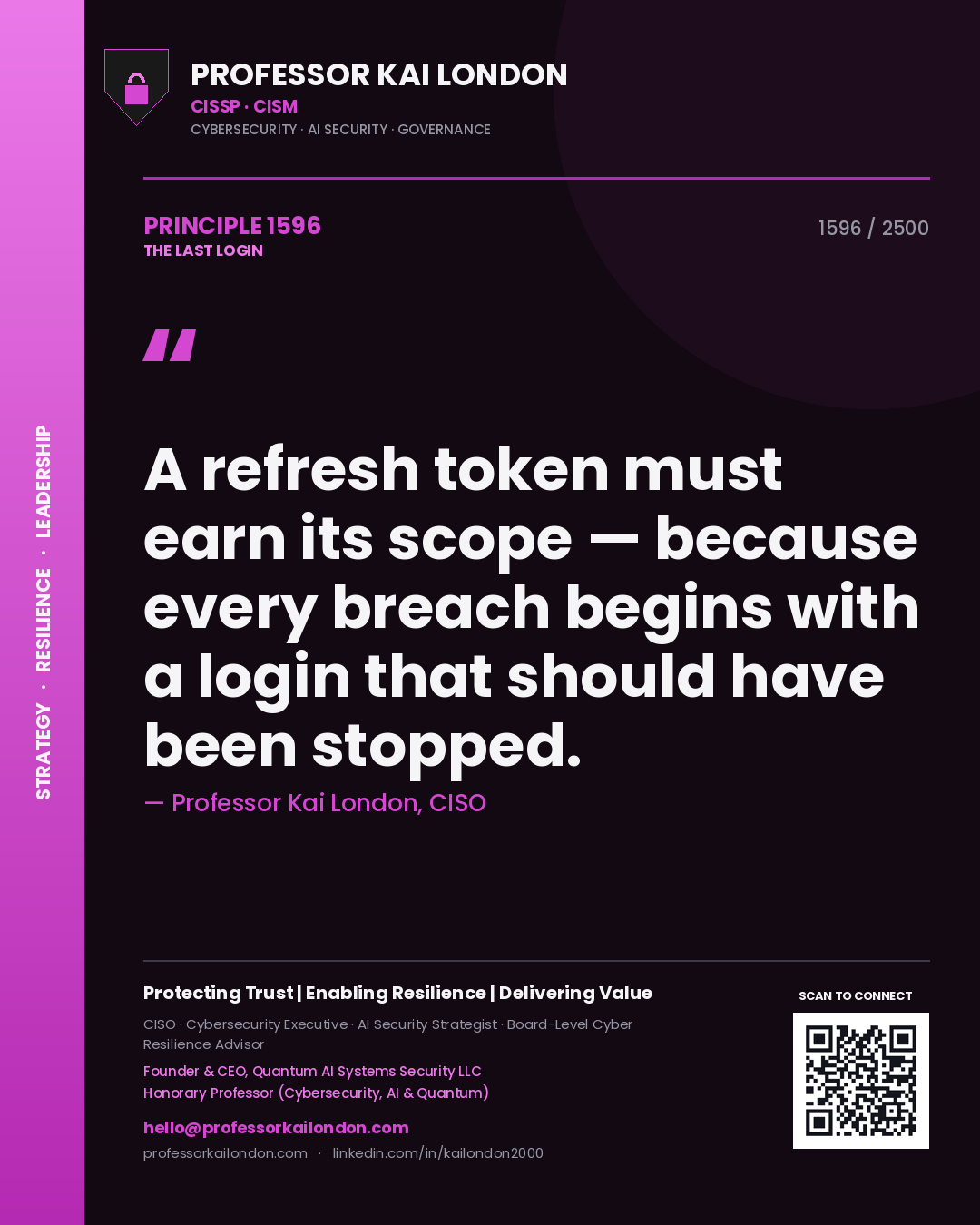 Professor Kai London principle 1596: A refresh token must earn its scope — because every breach begins with a login that should have been stopped.