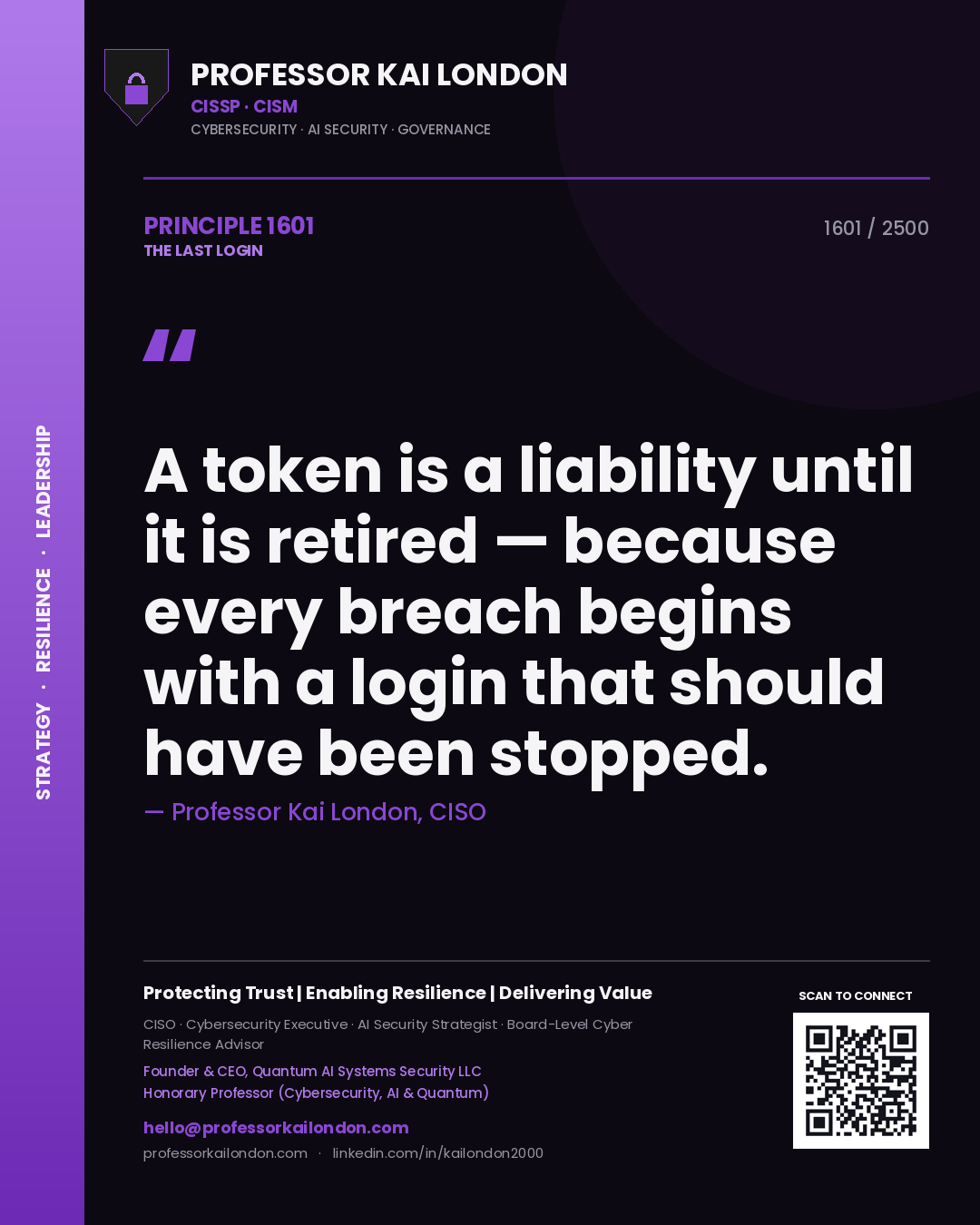 Quote card by Professor Kai London reading 'A token is a liability until it is retired — because every breach begins with a login that should have been stopped.'. From the book The Last Login.