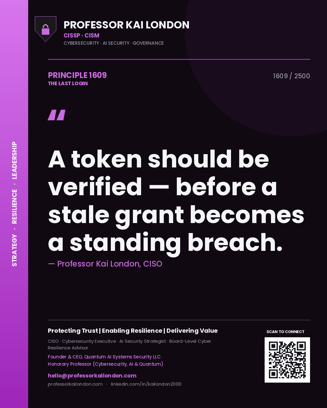 Quote card by Professor Kai London reading 'A token should be verified — before a stale grant becomes a standing breach.'. From the book The Last Login.