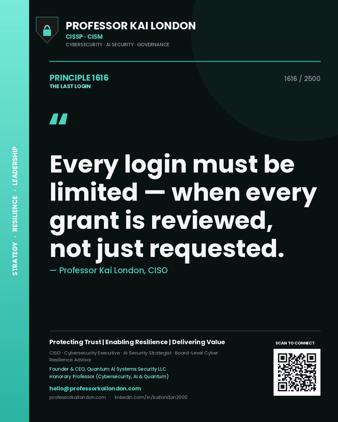 Professor Kai London principle 1616: Every login must be limited — when every grant is reviewed, not just requested.